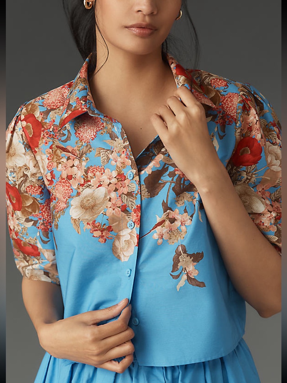 Anthropologie Maeve Blue Floral Button Down Blouse Puff Sleeve Top Cotton XS